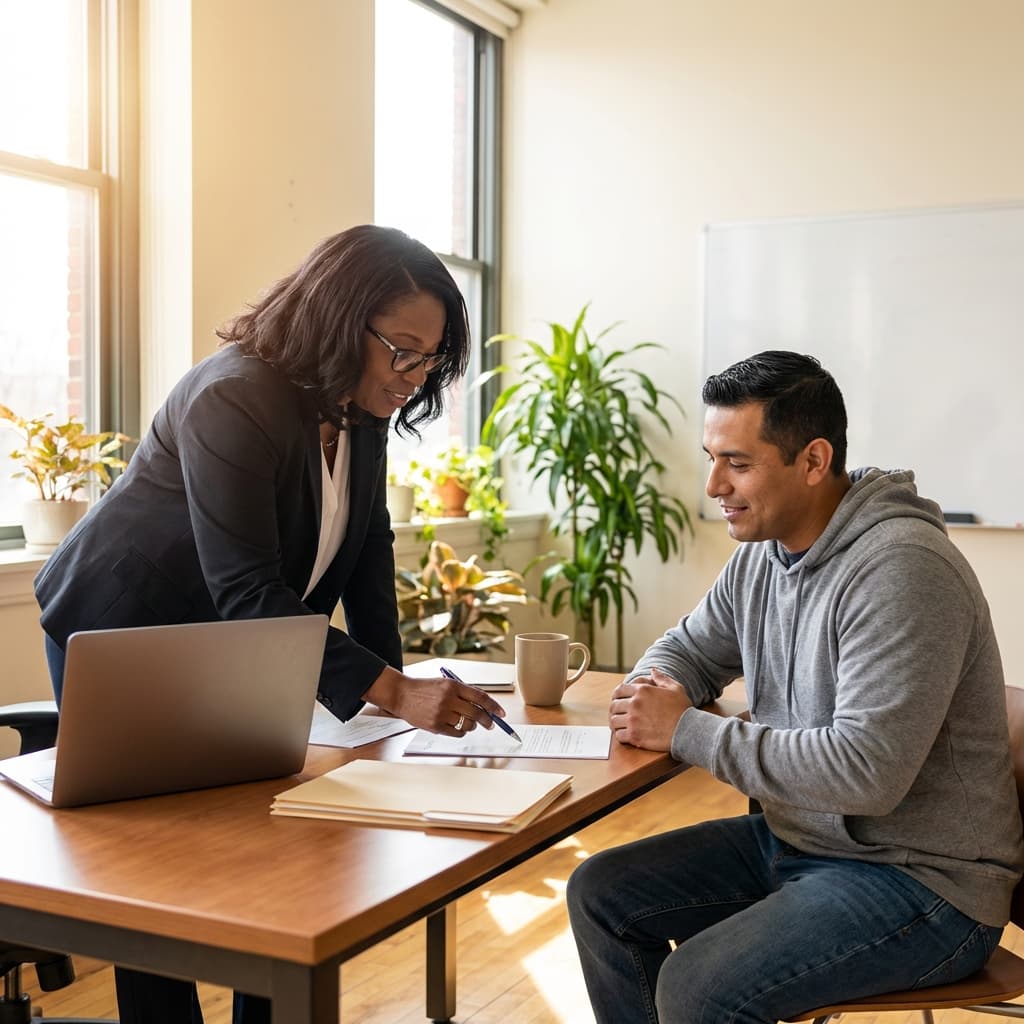 Case manager helping veteran with paperwork