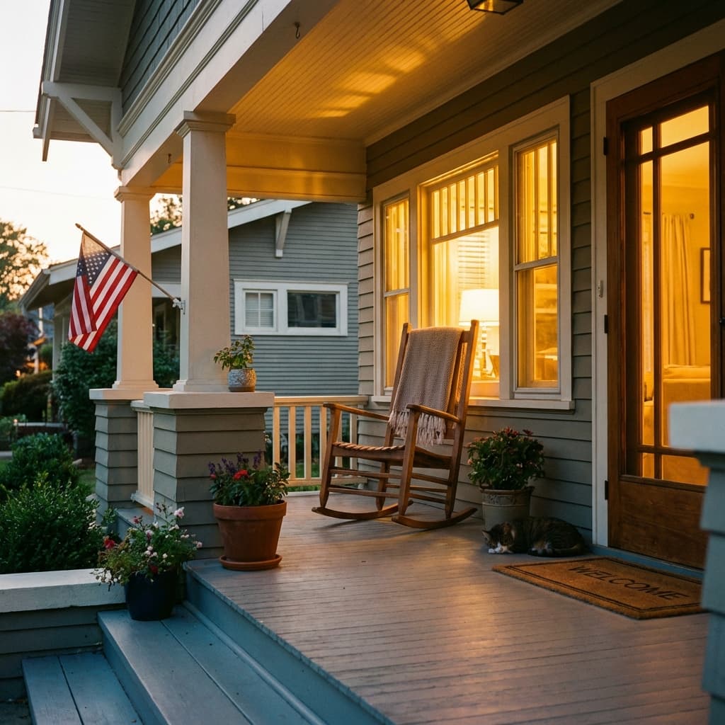 Welcoming front porch at sunset