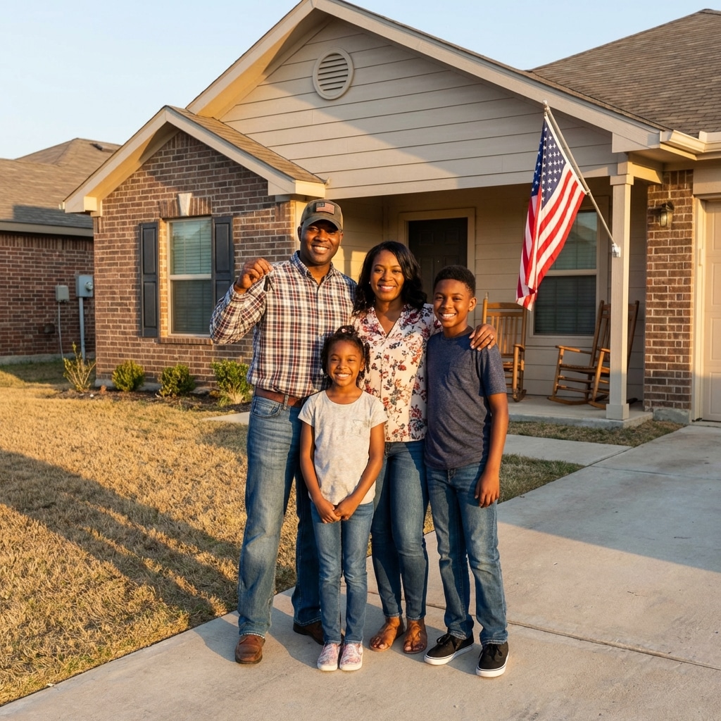 Veteran family proudly standing in front of their new home with keys